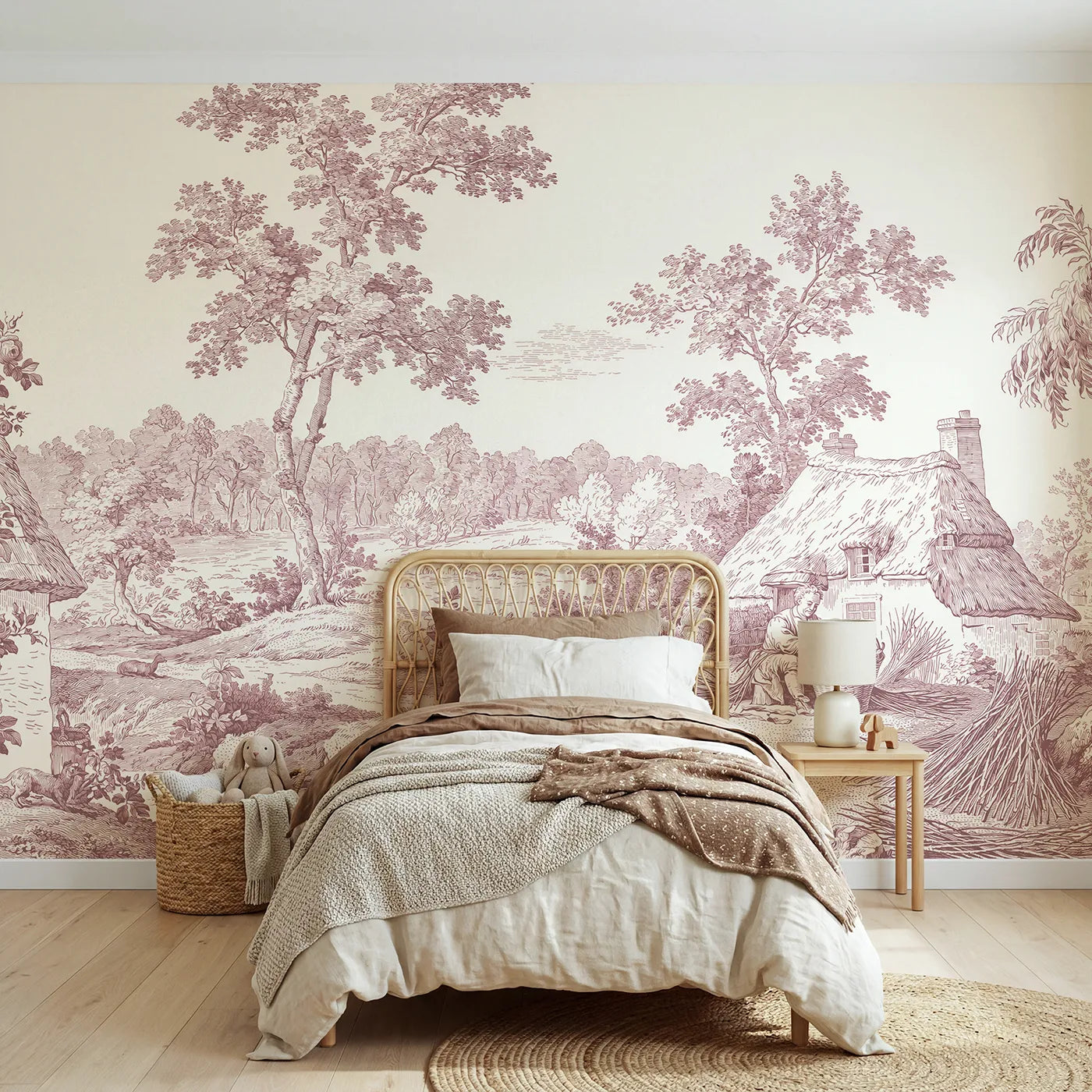 Toile wall mural of a basket weaver at a cottage in pink ink by Whimsy Tots