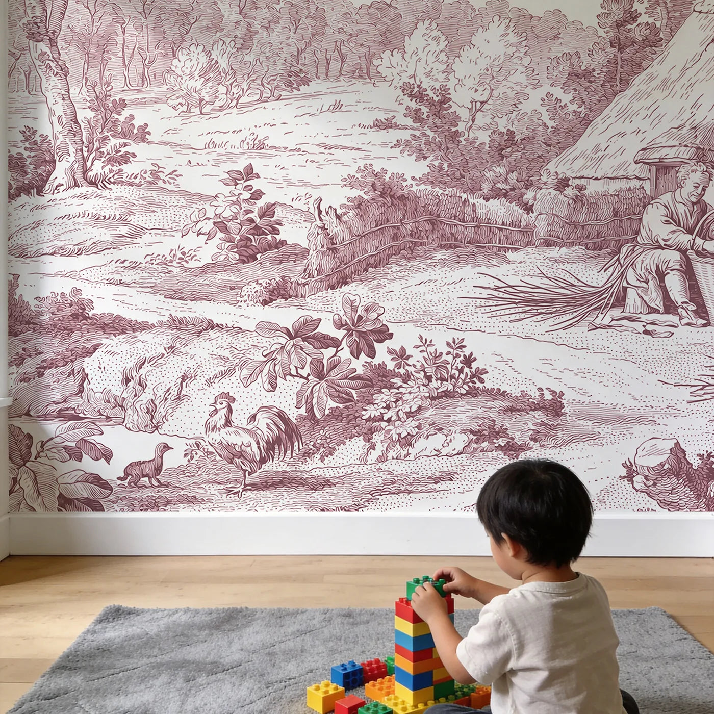 Child in nursery with Basket Weaver Cottage Wallpaper Mural in Pink by Whimsy Tots
