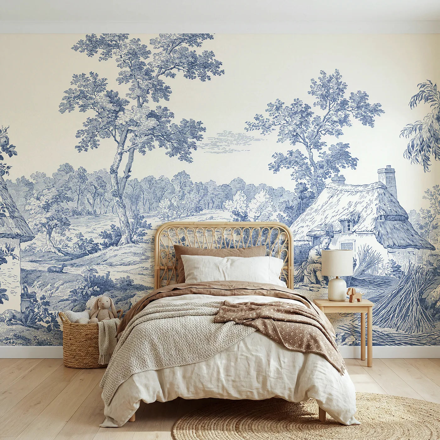 Toile wall mural of a basket weaver at a cottage in single ink by Whimsy Tots