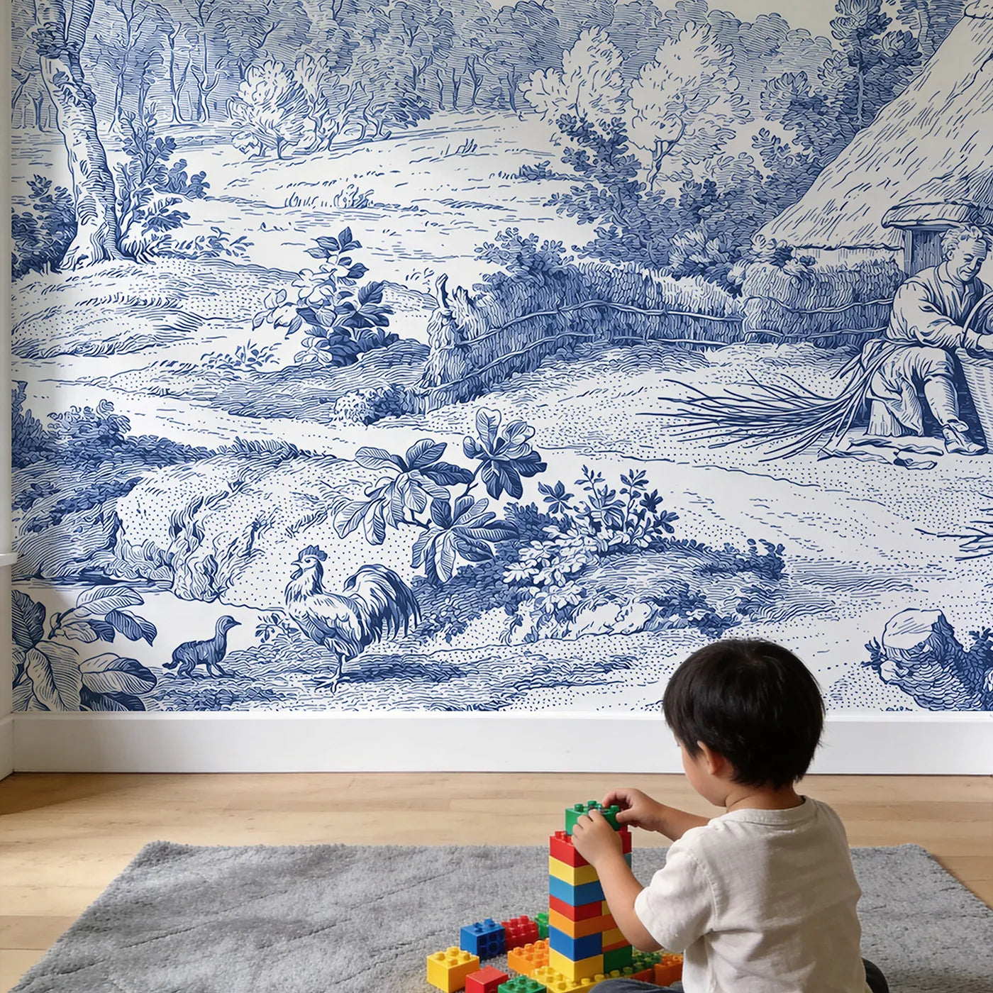 Child in nursery with Basket Weaver Cottage Wallpaper Mural by Whimsy Tots