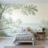 Toile wall mural of deer grazing in a glade in green ink by Whimsy Tots