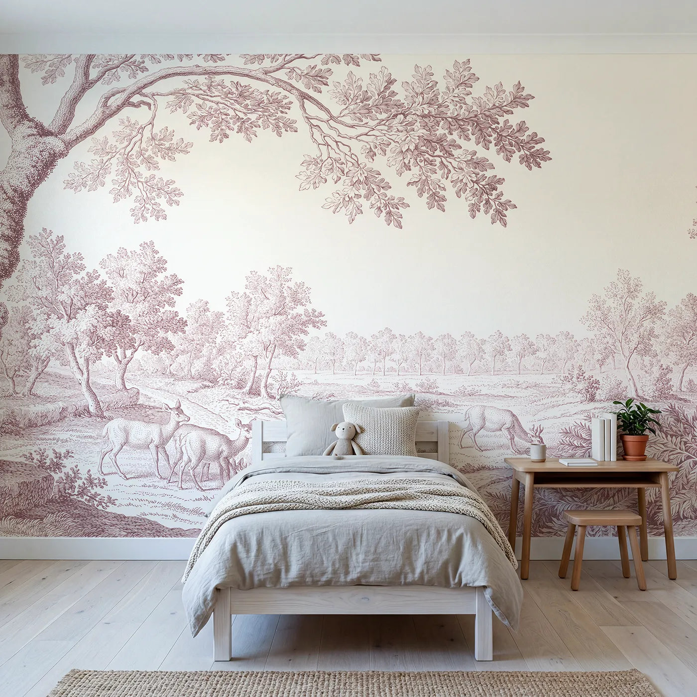 Toile wall mural of deer grazing in a glade in pink ink by Whimsy Tots