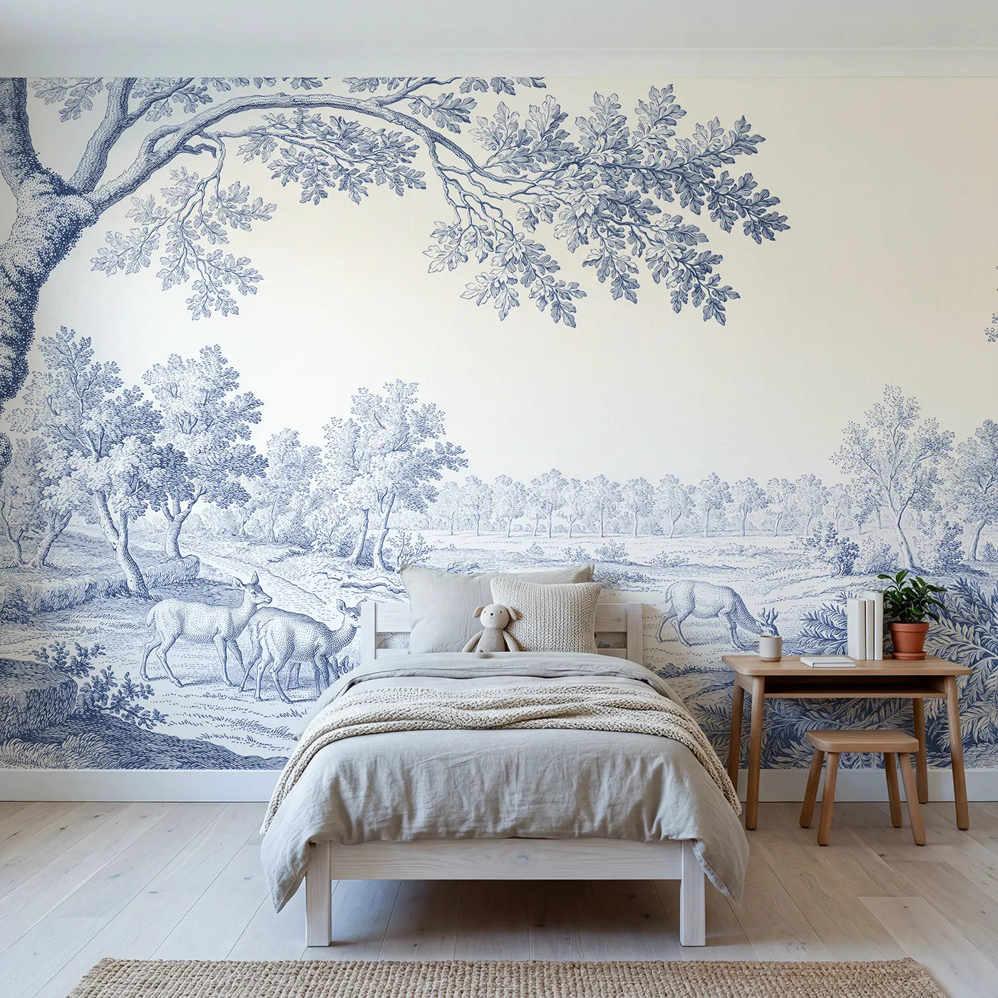 Toile wall mural of deer grazing in a glade in single ink by Whimsy Tots