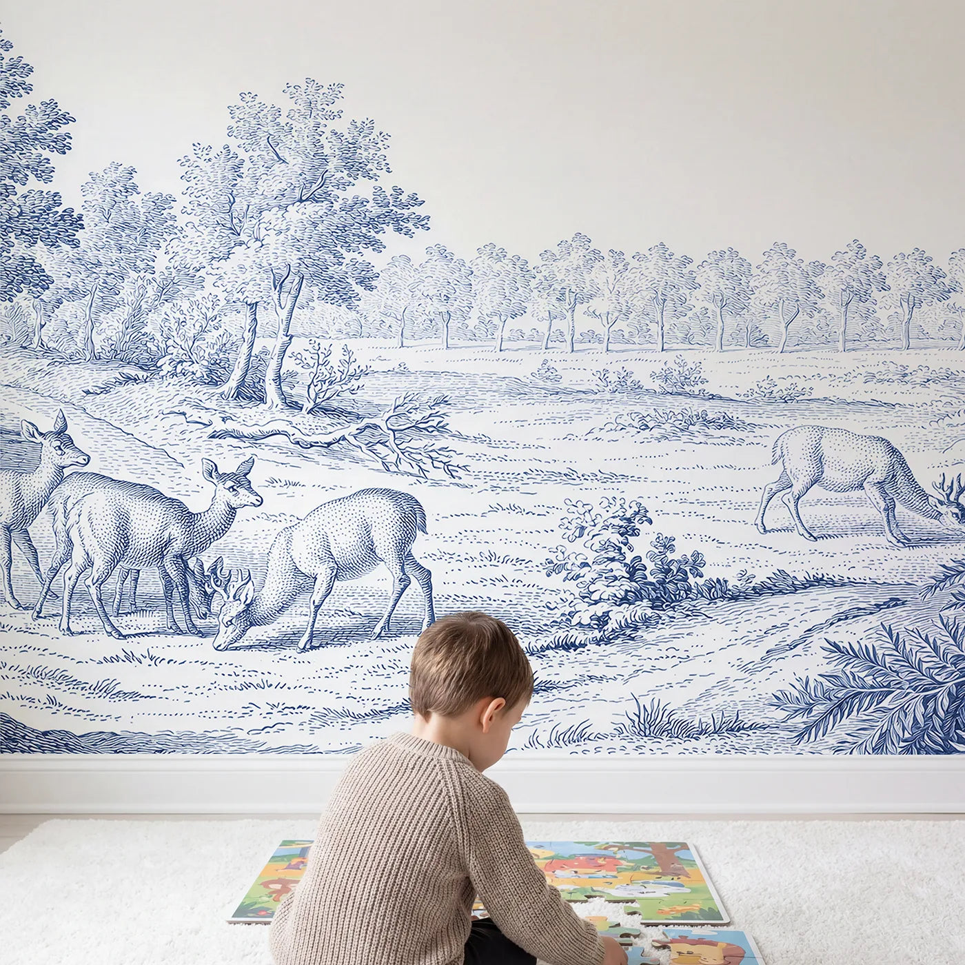 Child in nursery with Grazing Deer Glade Wallpaper Mural by Whimsy Tots