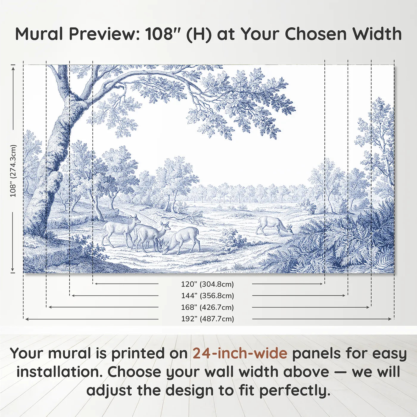 Panel layout and dimensions for Grazing Deer Glade Wallpaper Mural by Whimsy Tots