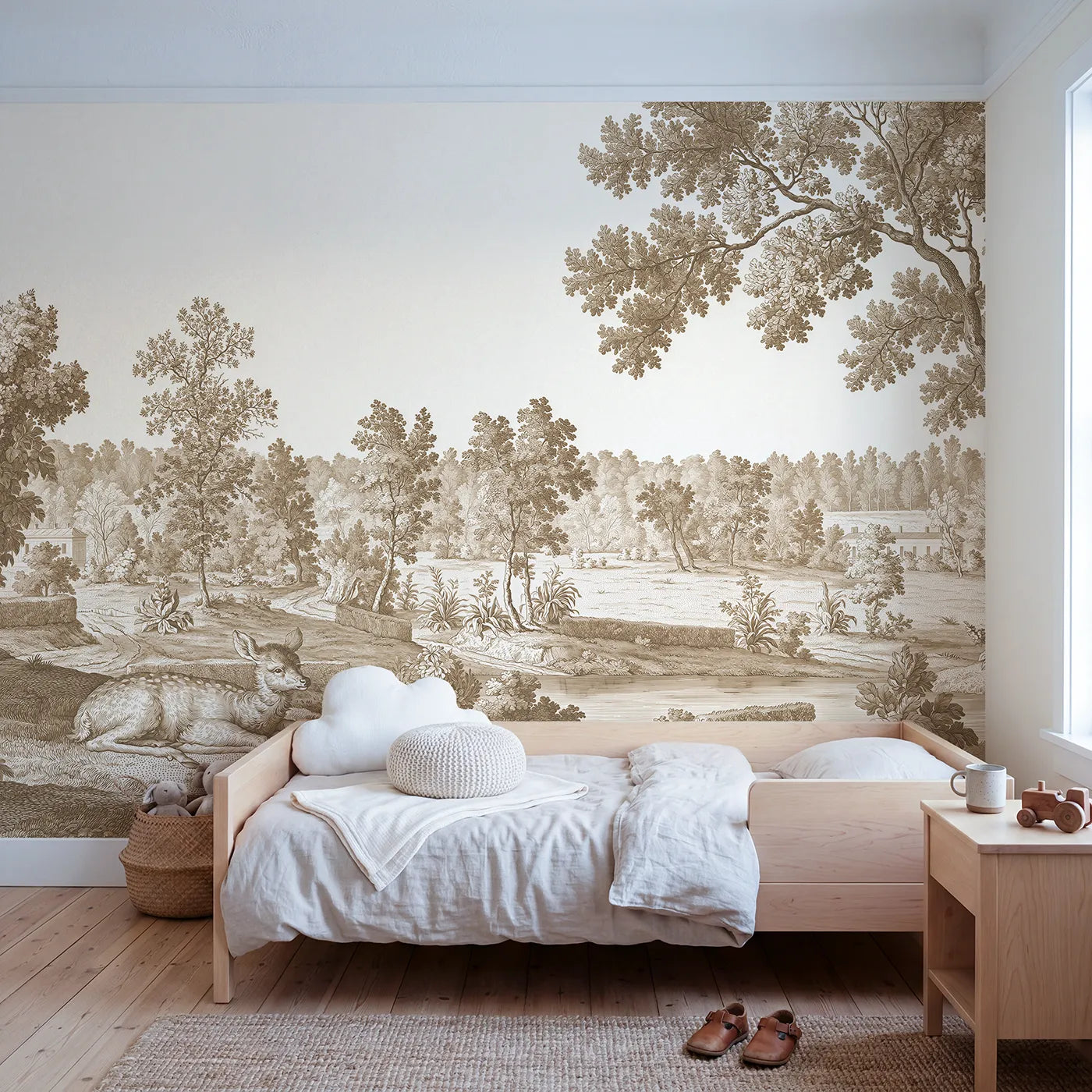 Toile wall mural of a fawn resting in a meadow in brown ink by Whimsy Tots