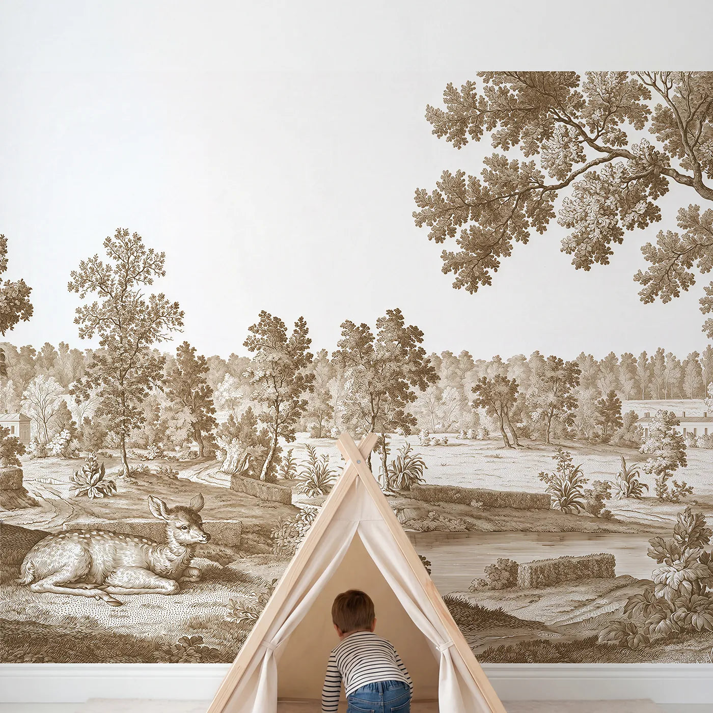 Child in nursery with Resting Fawn Meadow Wallpaper Mural in Brown by Whimsy Tots