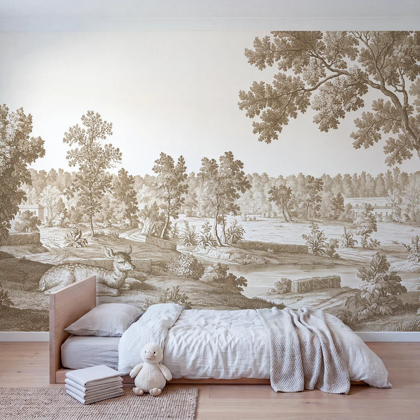 Resting Fawn Meadow Wallpaper Mural in Brown in playroom setting by Whimsy Tots