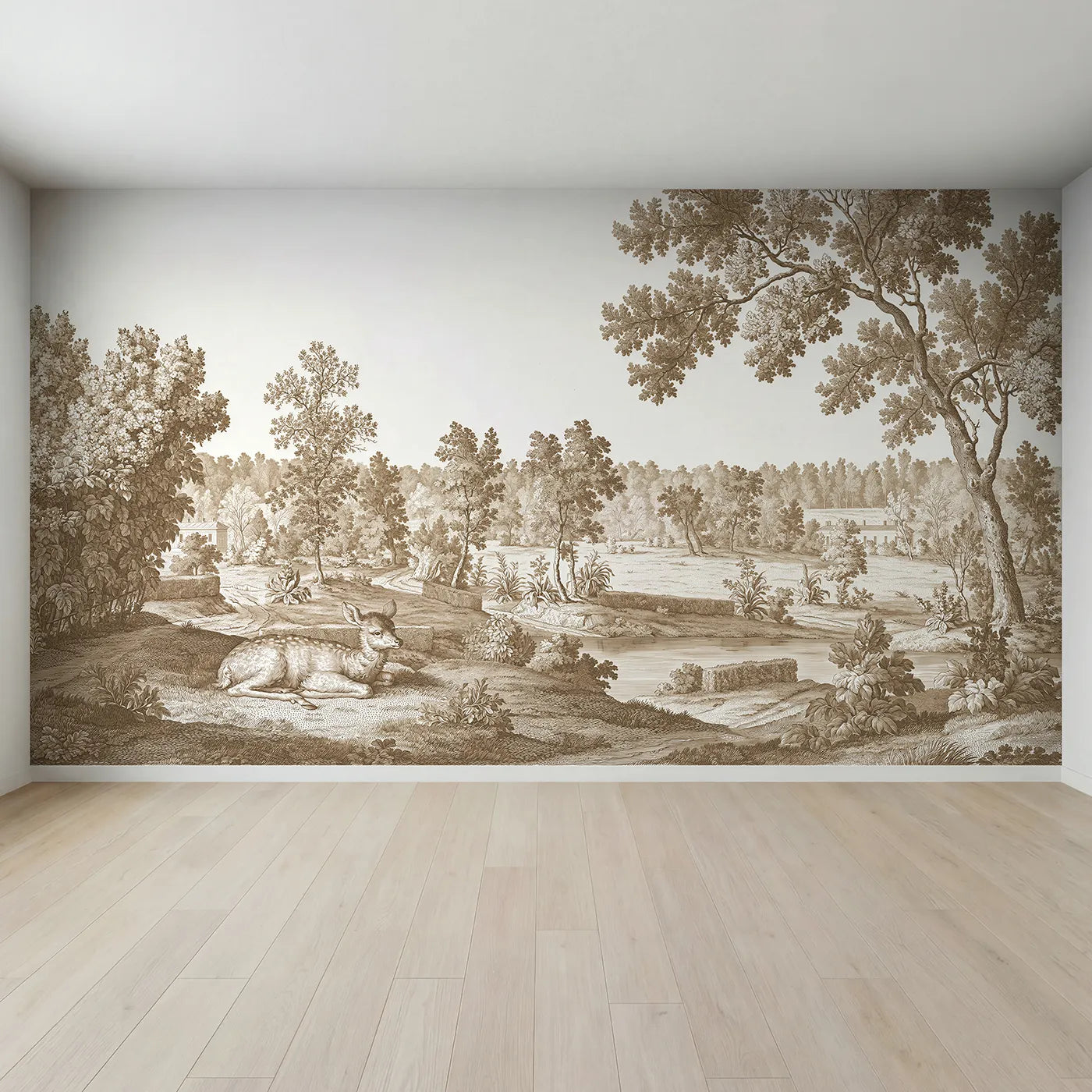 Full view of Resting Fawn Meadow Wallpaper Mural in Brown by Whimsy Tots