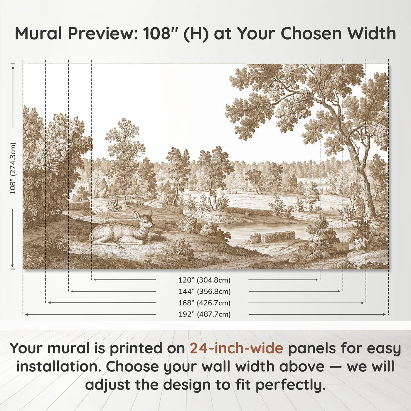 Panel layout and dimensions for Resting Fawn Meadow Wallpaper Mural in Brown by Whimsy Tots