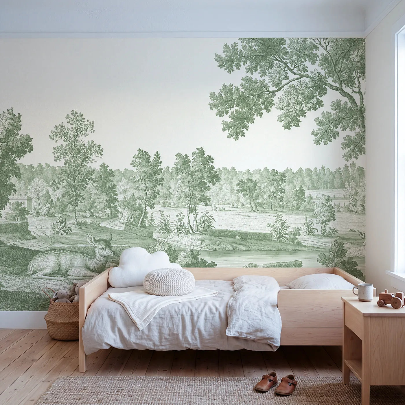 Toile wall mural of a fawn resting in a meadow in green ink by Whimsy Tots