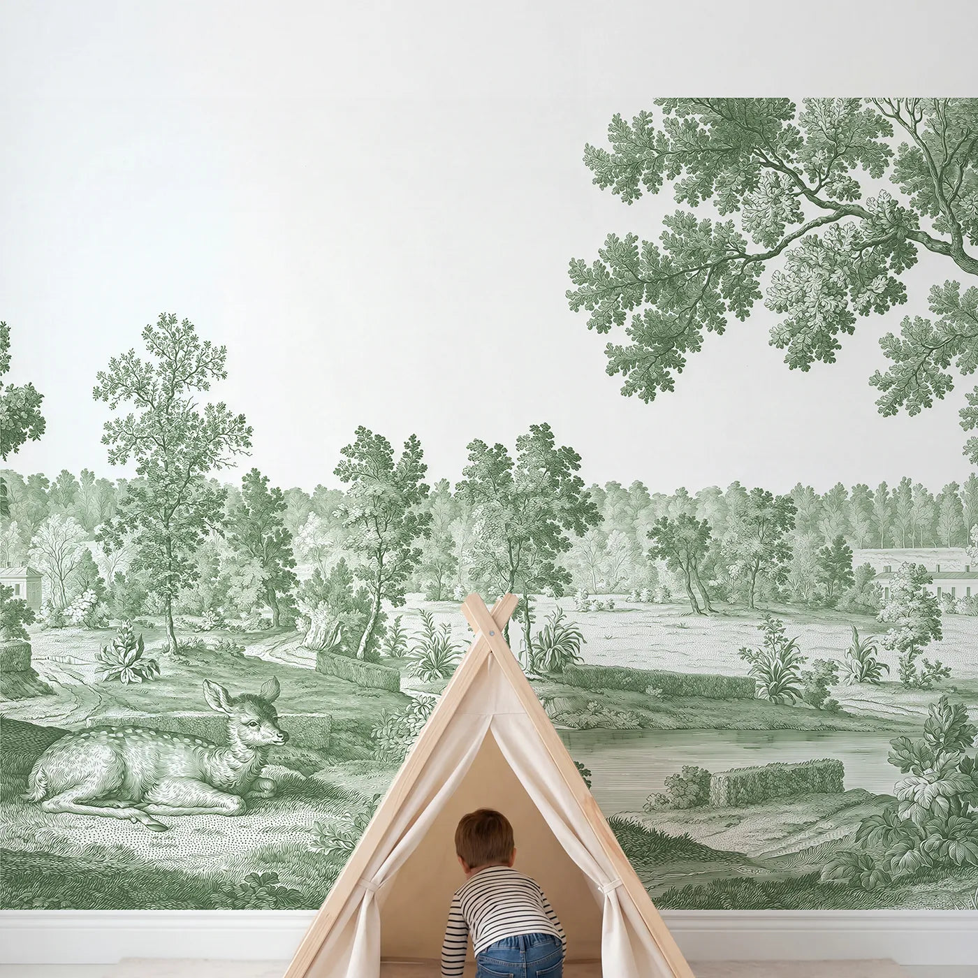 Child in nursery with Resting Fawn Meadow Wallpaper Mural in Green by Whimsy Tots