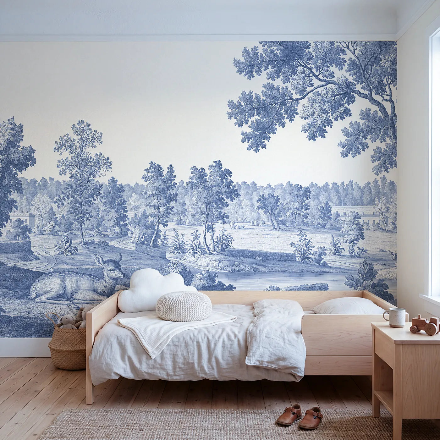 Toile wall mural of a fawn resting in a meadow in single ink by Whimsy Tots