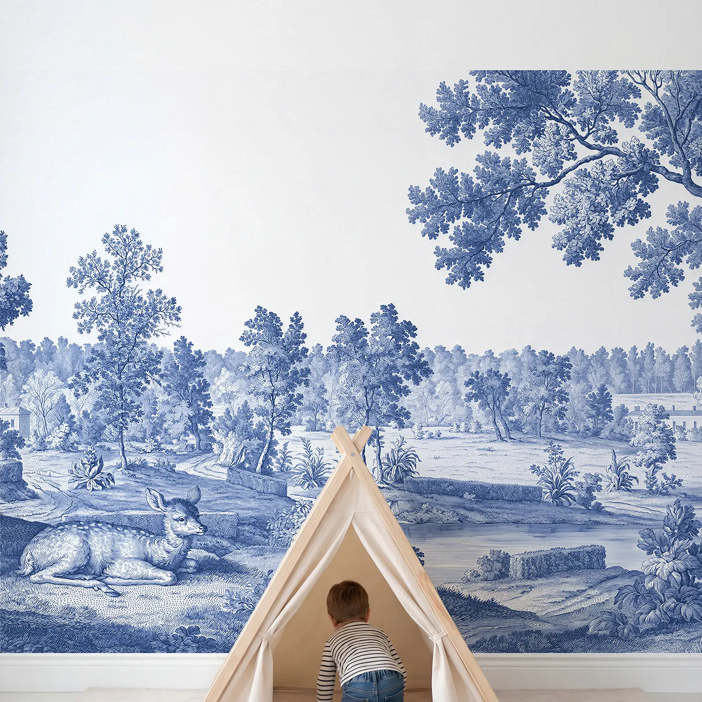 Child in nursery with Resting Fawn Meadow Wallpaper Mural by Whimsy Tots