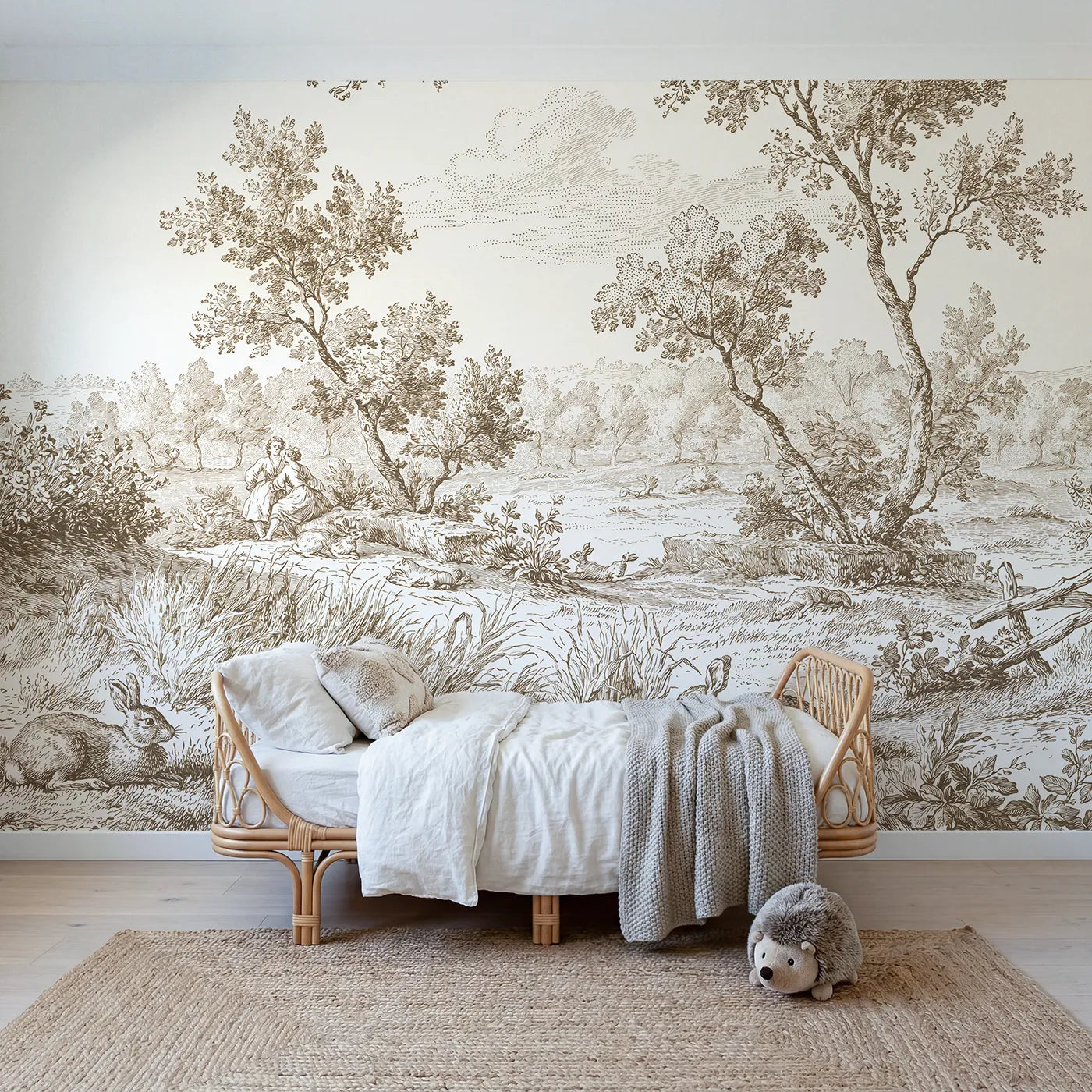 Toile wall mural of cottontail rabbits at rest in brown ink by Whimsy Tots
