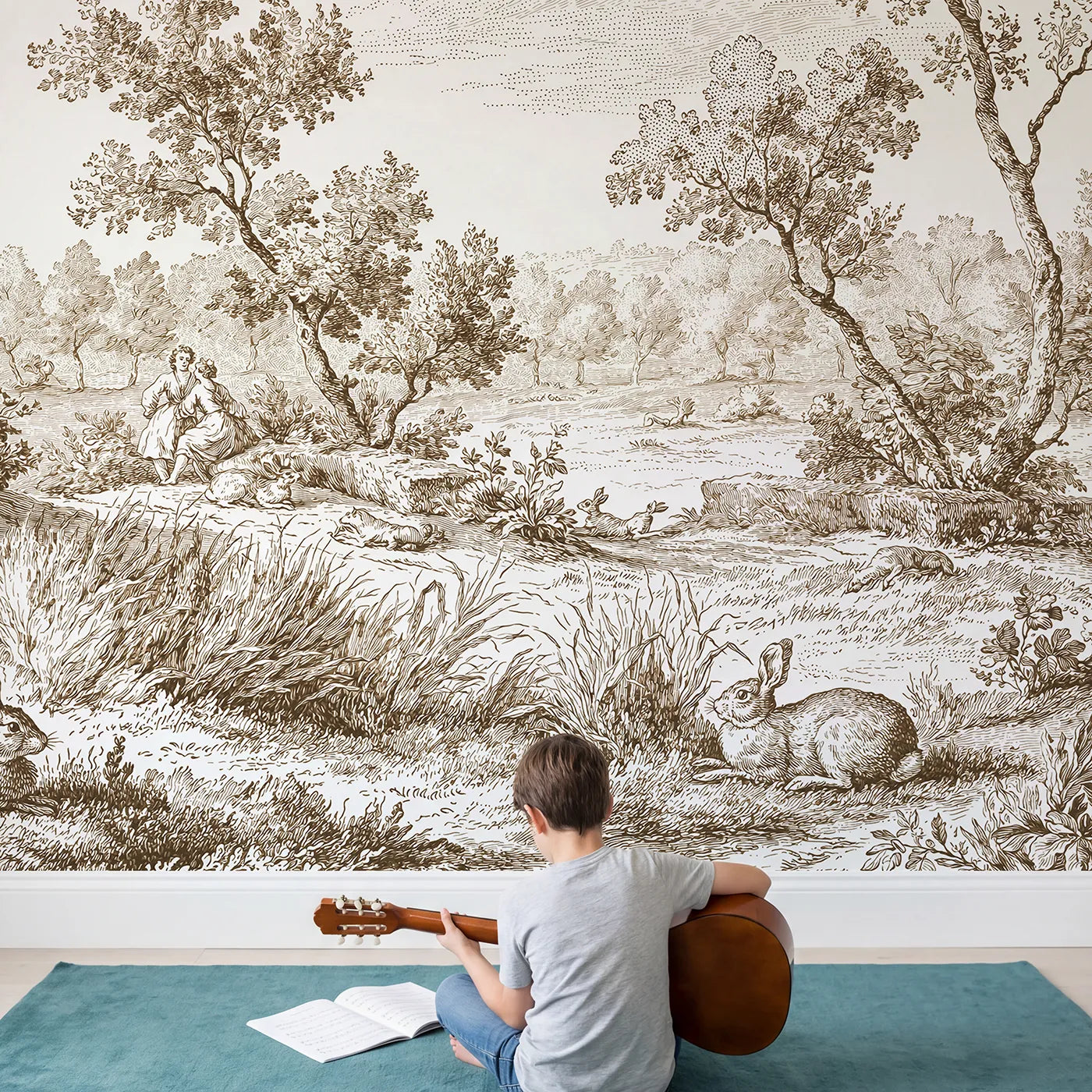 Child in nursery with Cottontail Meadow Rest Wallpaper Mural in Brown by Whimsy Tots