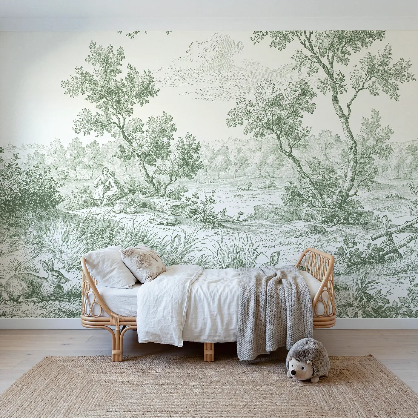 Toile wall mural of cottontail rabbits at rest in green ink by Whimsy Tots