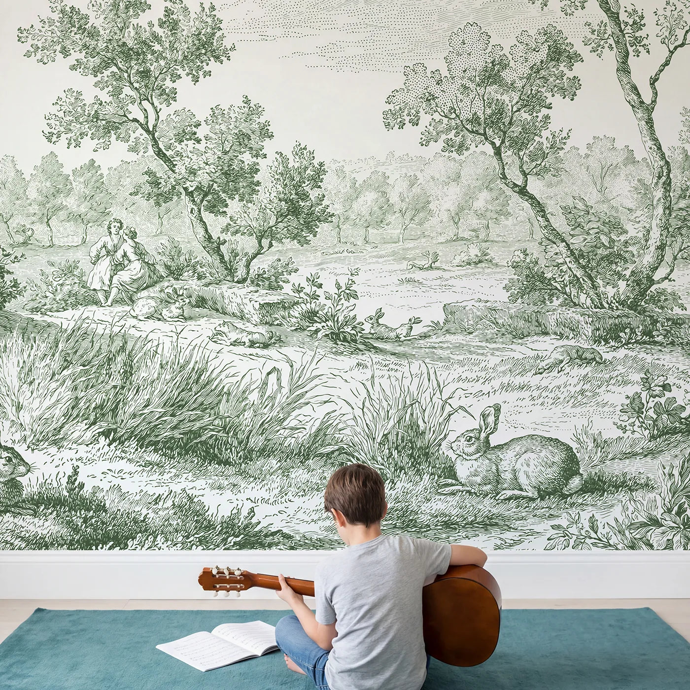 Child in nursery with Cottontail Meadow Rest Wallpaper Mural in Green by Whimsy Tots