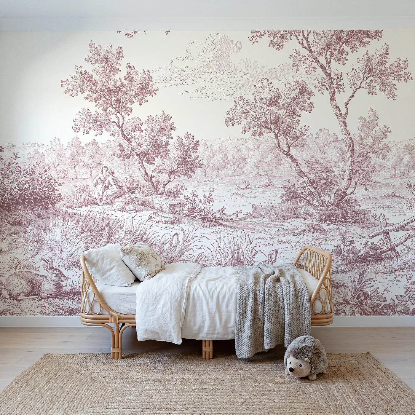 Toile wall mural of cottontail rabbits at rest in pink ink by Whimsy Tots