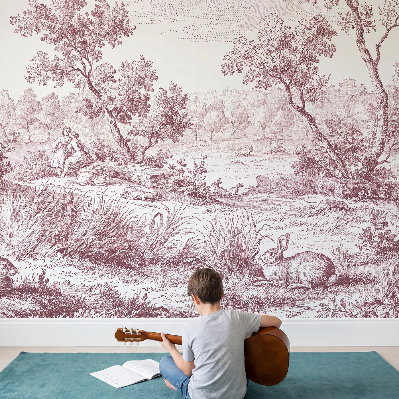 Child in nursery with Cottontail Meadow Rest Wallpaper Mural in Pink by Whimsy Tots