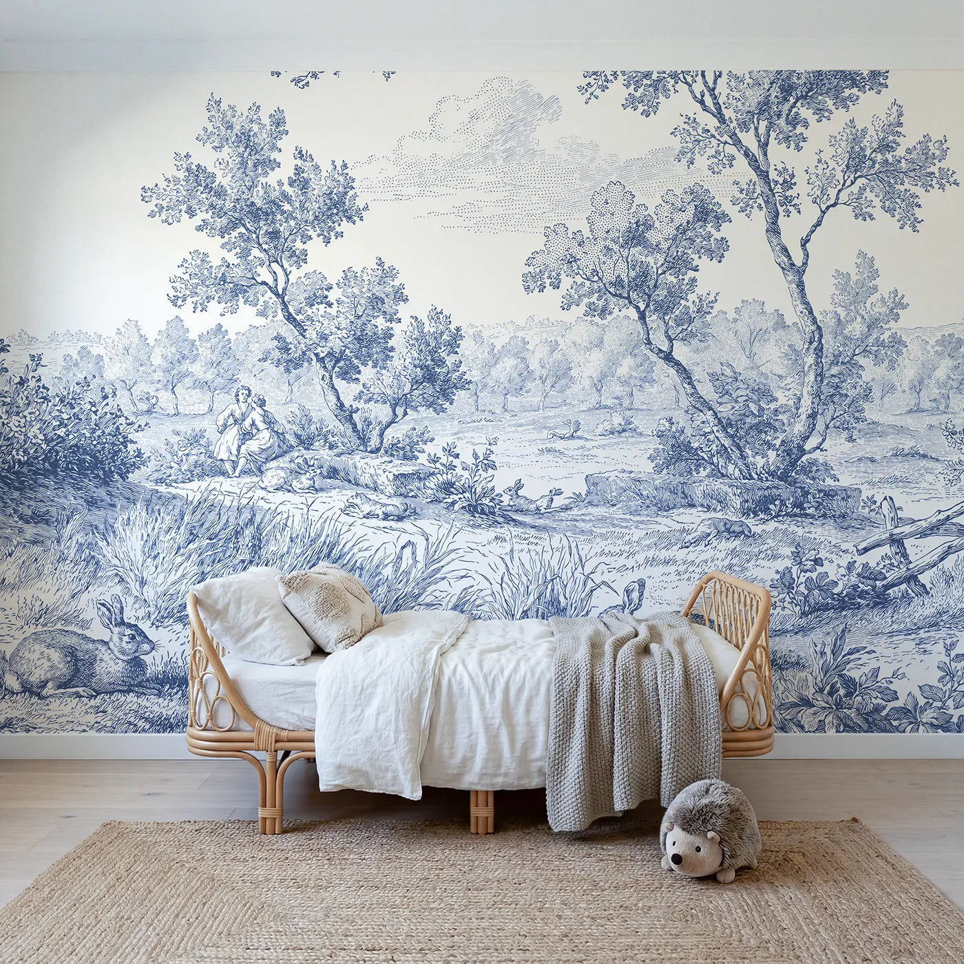 Toile wall mural of cottontail rabbits at rest in single ink by Whimsy Tots
