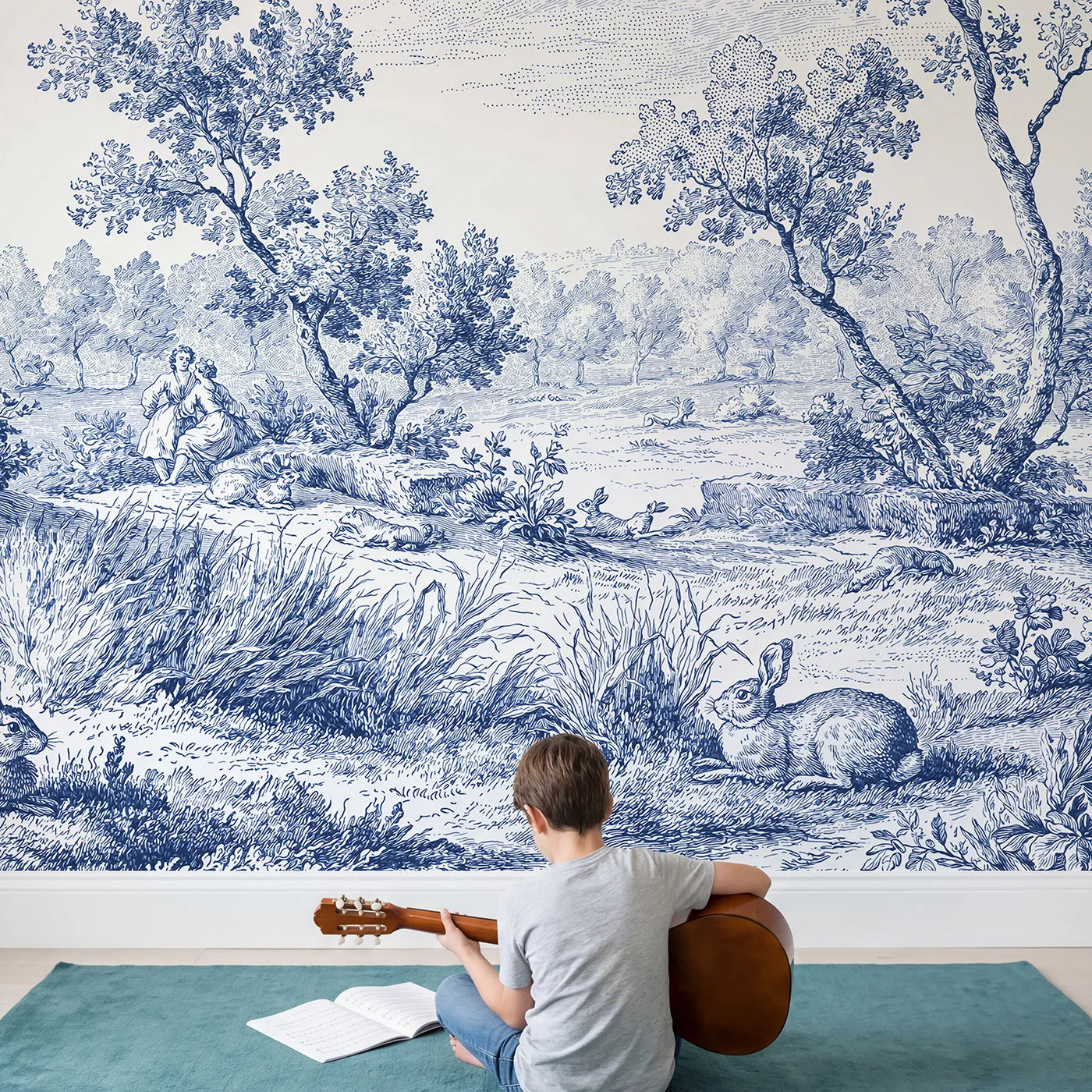 Child in nursery with Cottontail Meadow Rest Wallpaper Mural by Whimsy Tots