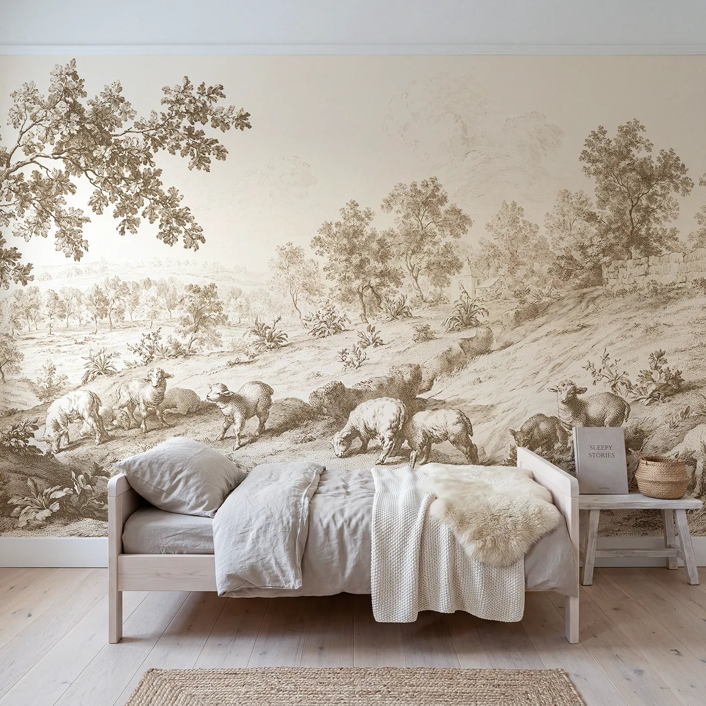 Toile wall mural of lambs at pasture in brown ink on bright white by Whimsy Tots
