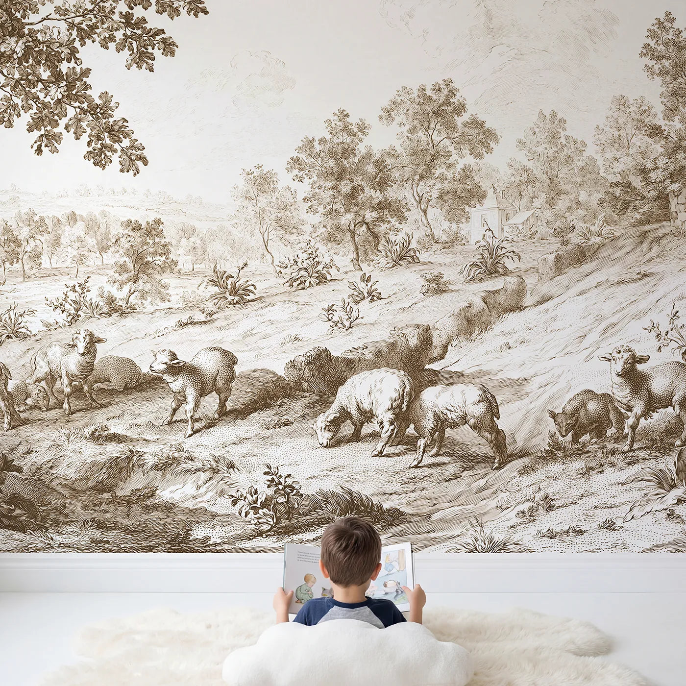 Child in nursery with Lambs At Pasture Wallpaper Mural in Brown by Whimsy Tots