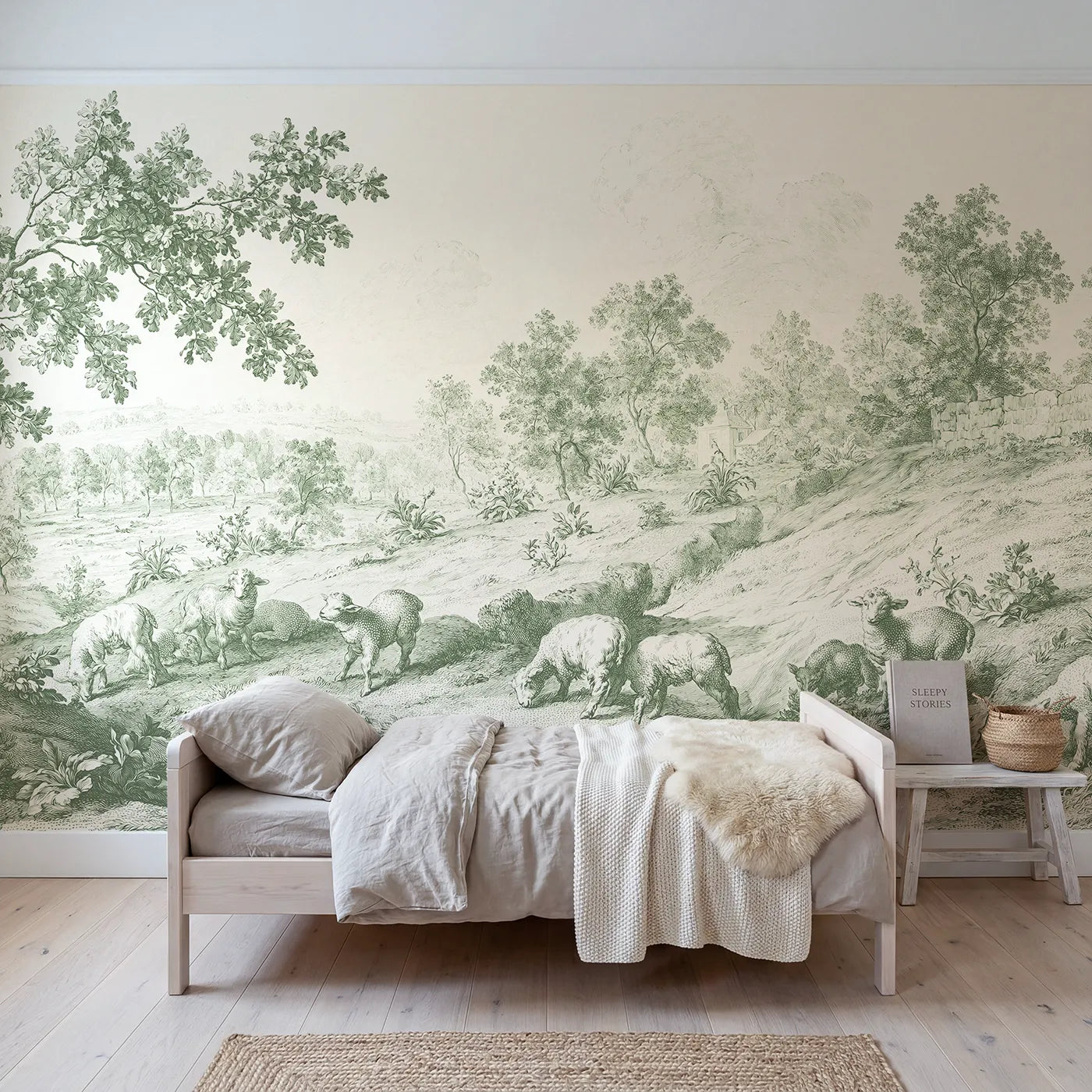 Toile wall mural of lambs at pasture in green ink on bright white by Whimsy Tots