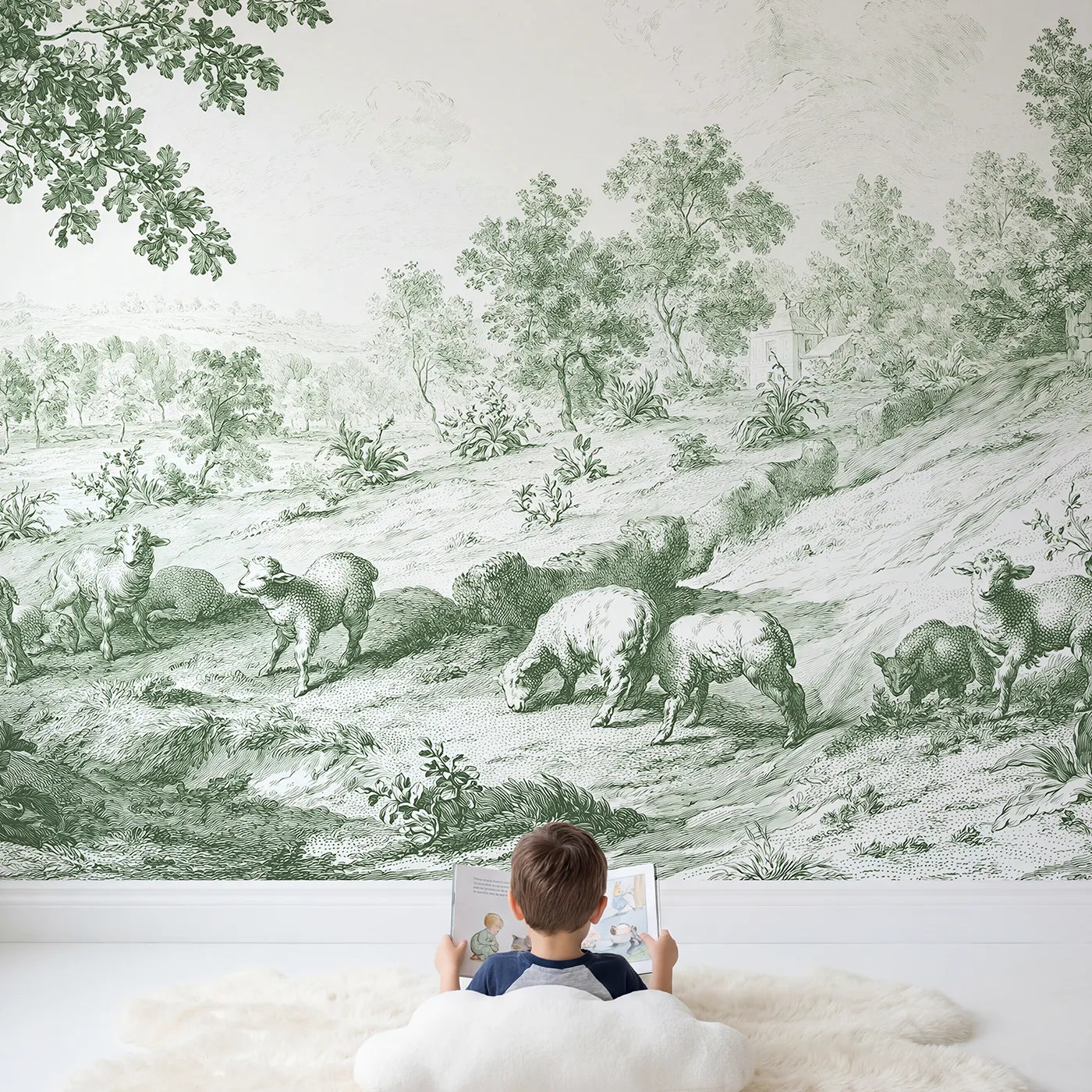 Child in nursery with Lambs At Pasture Wallpaper Mural in Green by Whimsy Tots