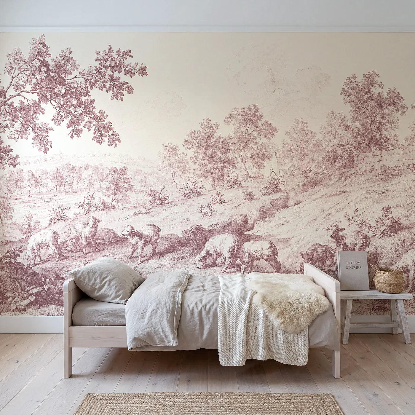 Toile wall mural of lambs at pasture in pink ink on bright white by Whimsy Tots