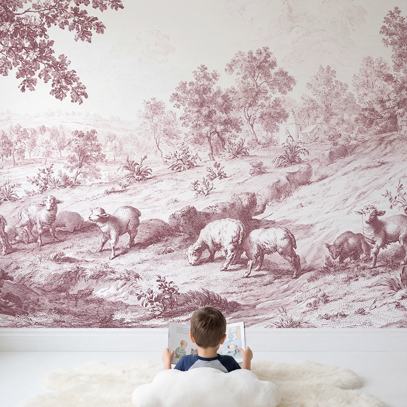 Child in nursery with Lambs At Pasture Wallpaper Mural in Pink by Whimsy Tots
