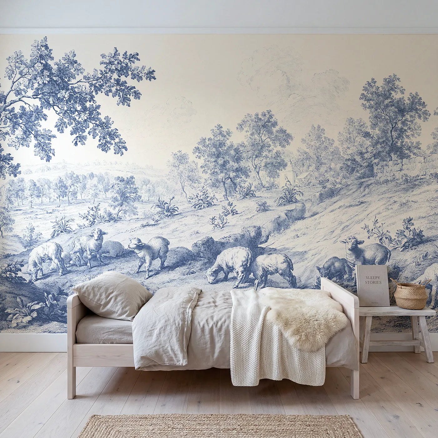 Toile wall mural of lambs at pasture in single ink on bright white by Whimsy Tots
