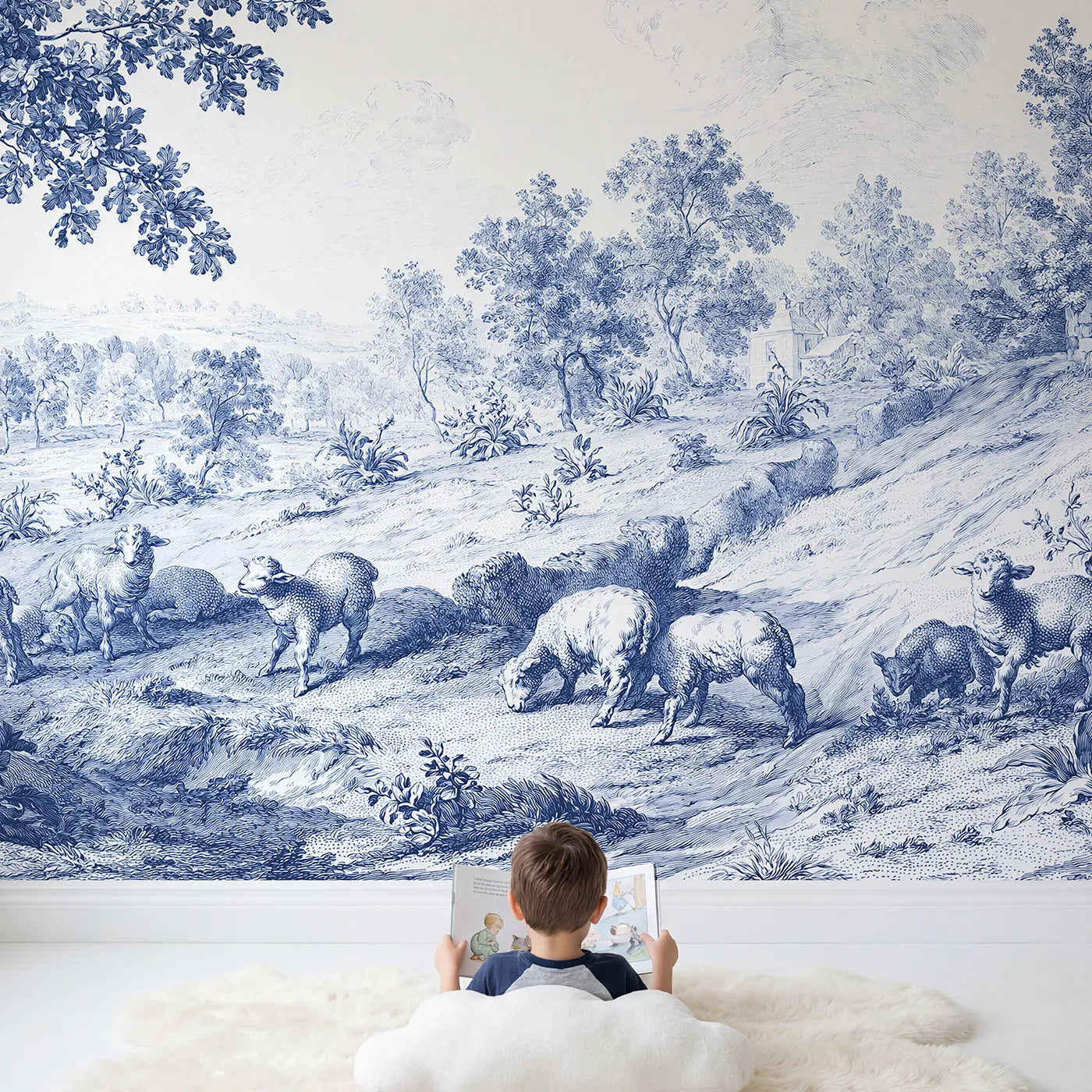 Child in nursery with Lambs At Pasture Wallpaper Mural by Whimsy Tots