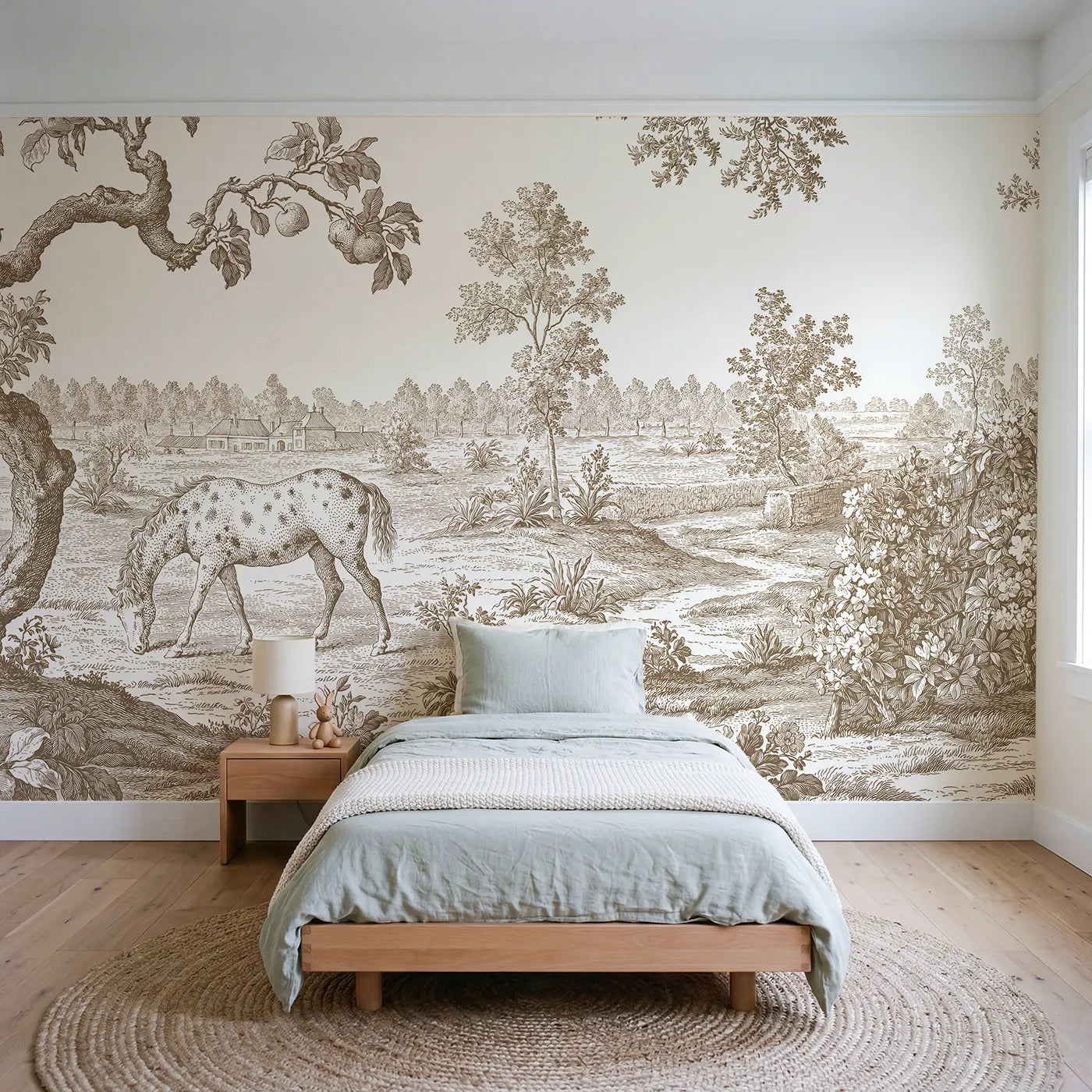 Toile wall mural of a spotted pony grazing in brown ink by Whimsy Tots