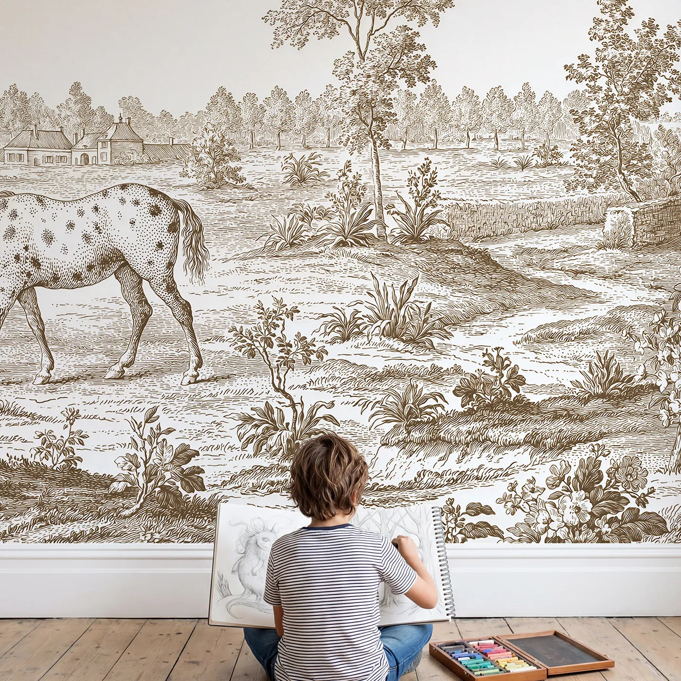 Child in nursery with Spotted Pony Field Wallpaper Mural in Brown by Whimsy Tots