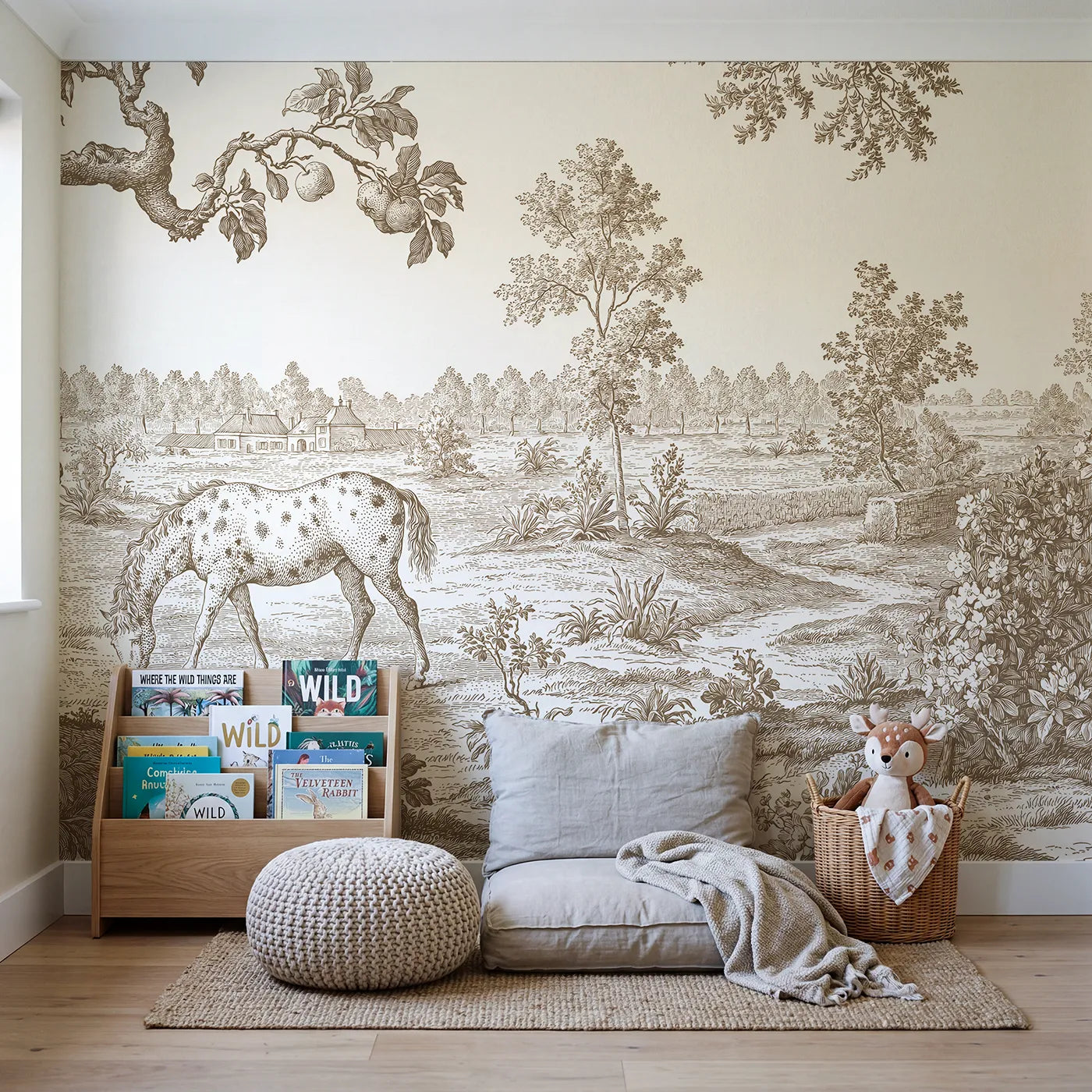 Spotted Pony Field Wallpaper Mural in Brown in playroom setting by Whimsy Tots