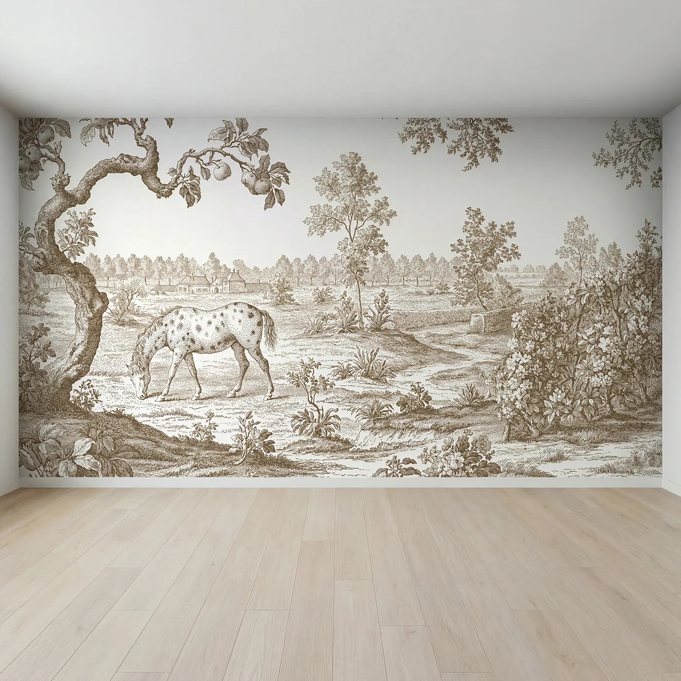 Full view of Spotted Pony Field Wallpaper Mural in Brown by Whimsy Tots
