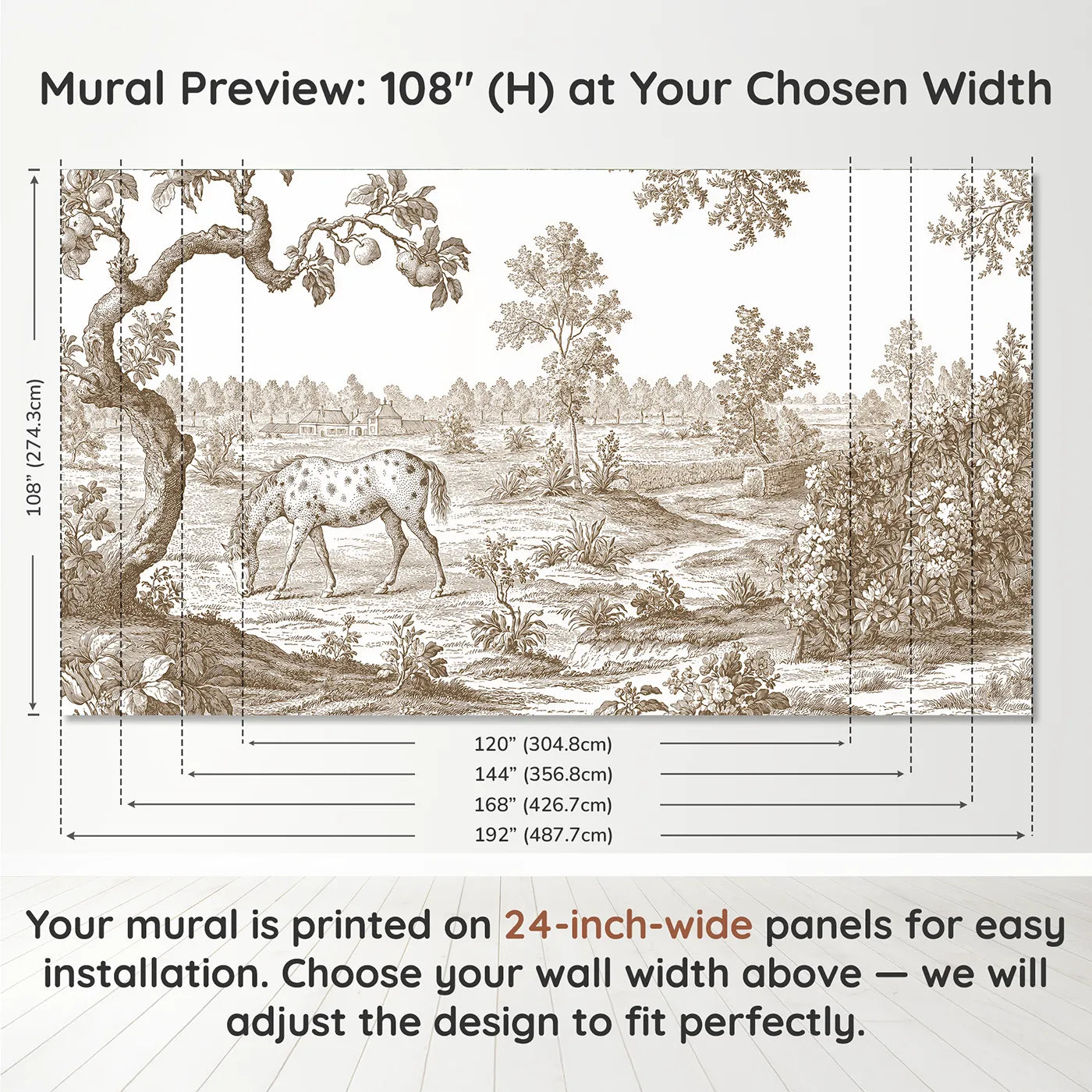 Panel layout and dimensions for Spotted Pony Field Wallpaper Mural in Brown by Whimsy Tots