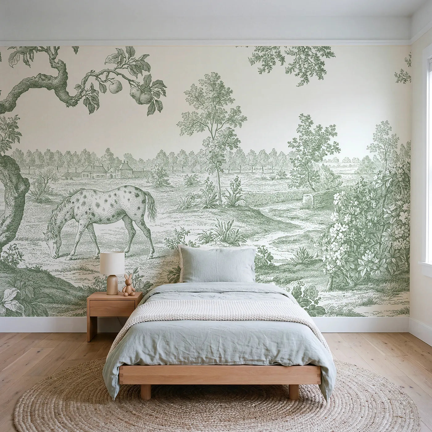 Toile wall mural of a spotted pony grazing in green ink by Whimsy Tots