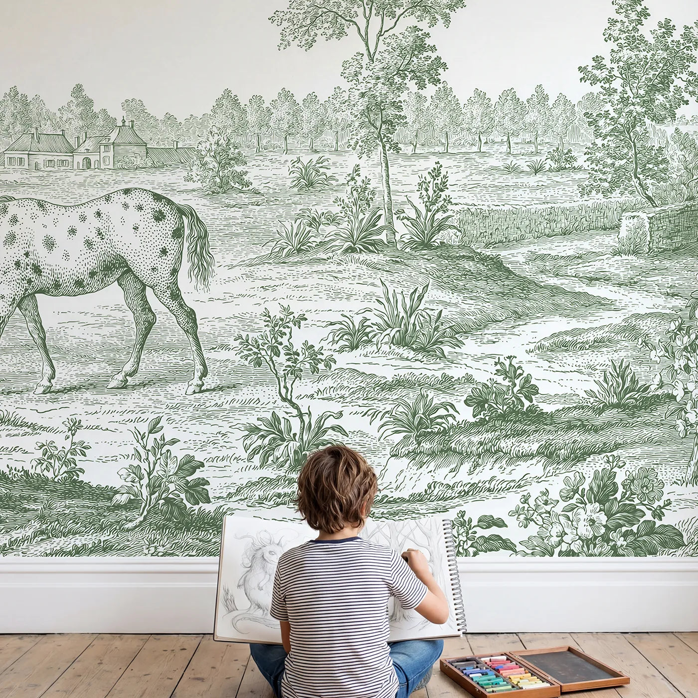 Child in nursery with Spotted Pony Field Wallpaper Mural in Green by Whimsy Tots