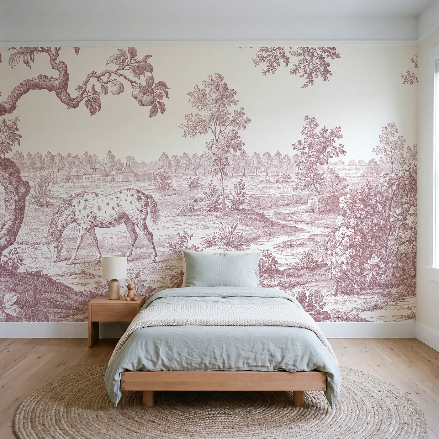 Toile wall mural of a spotted pony grazing in pink ink by Whimsy Tots