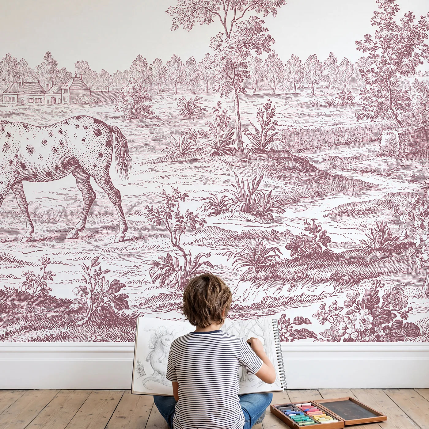 Child in nursery with Spotted Pony Field Wallpaper Mural in Pink by Whimsy Tots