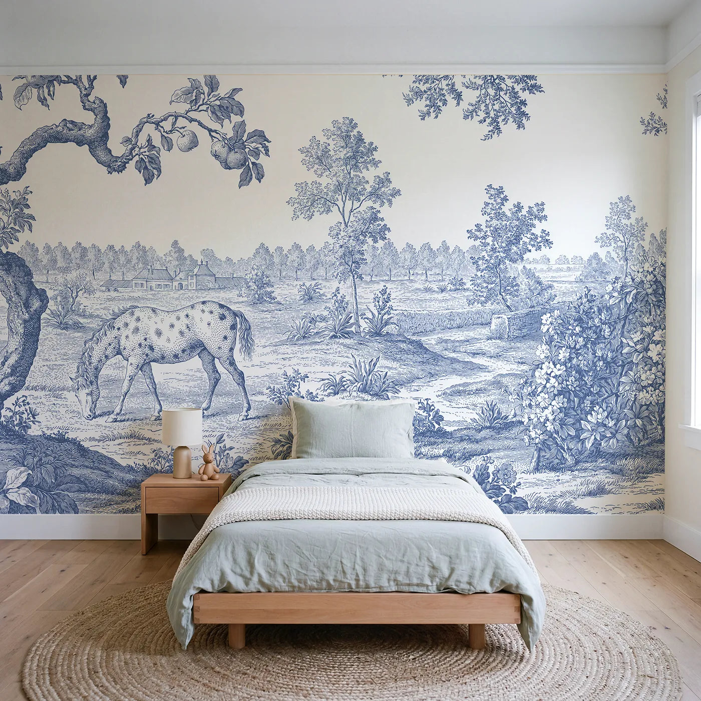 Toile wall mural of a spotted pony grazing in single ink by Whimsy Tots