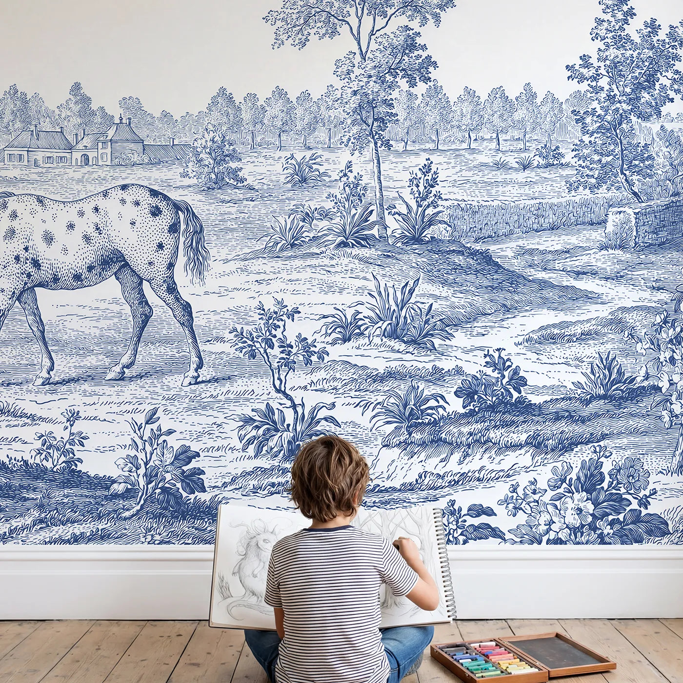 Child in nursery with Spotted Pony Field Wallpaper Mural by Whimsy Tots