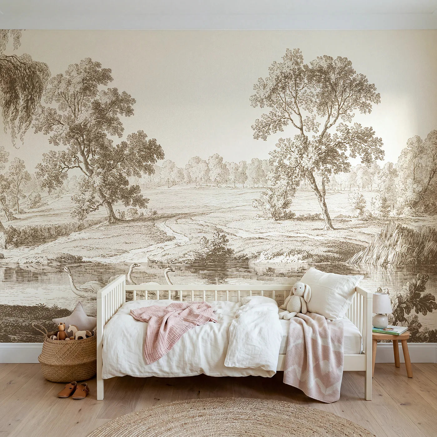 Toile wall mural of swans gliding on a pond in brown ink by Whimsy Tots