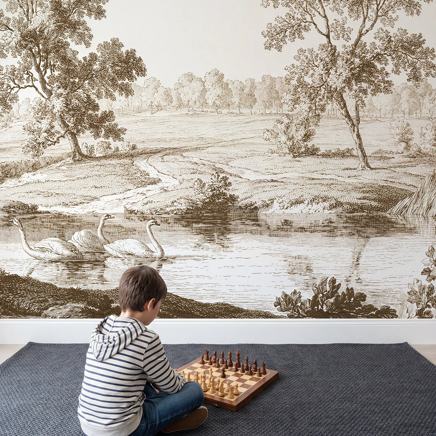 Child in nursery with Gliding Swan Pond Wallpaper Mural in Brown by Whimsy Tots