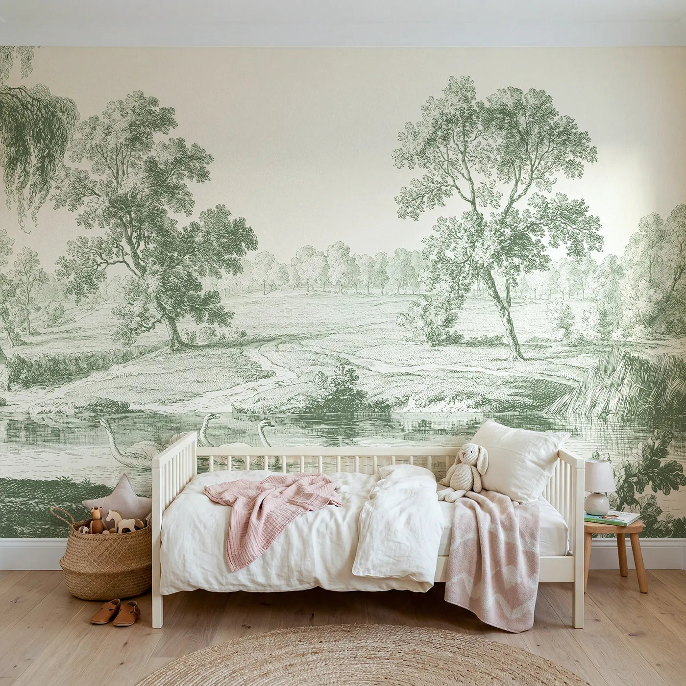 Toile wall mural of swans gliding on a pond in green ink by Whimsy Tots