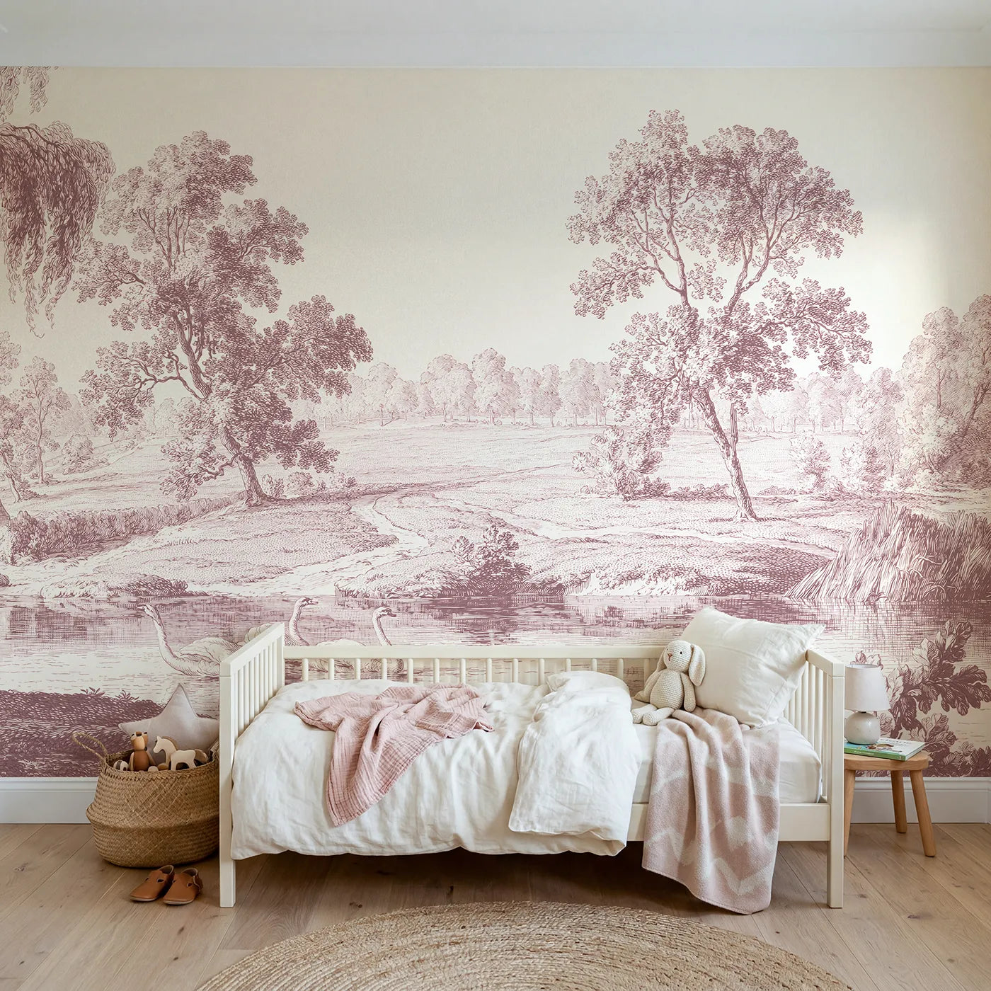Toile wall mural of swans gliding on a pond in pink ink by Whimsy Tots