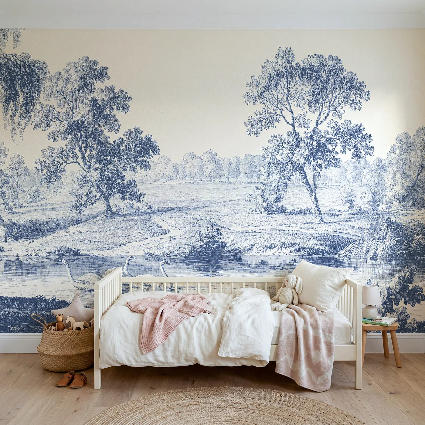 Toile wall mural of swans gliding on a pond in single ink by Whimsy Tots